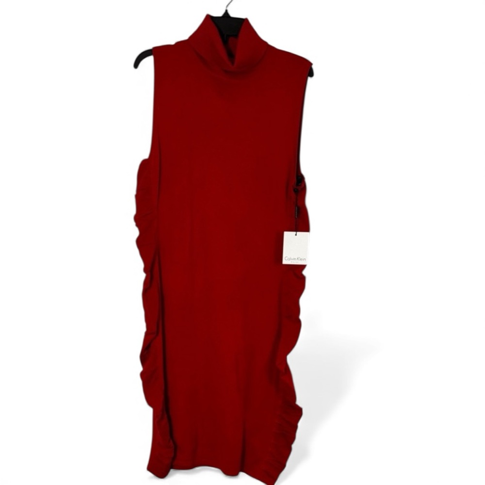 Calvin Klein Dress Red Ruffle Sleeveless‎ Turtleneck in Size XL  NWT